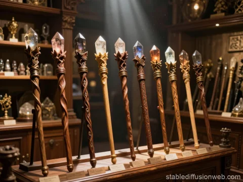 Mystical Magic Staffs with Crystal Tips in Antique Shop