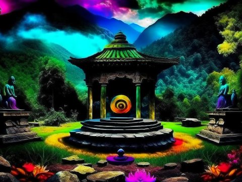 Mystical Meditation Pavilion in Vibrant Mountain Landscape