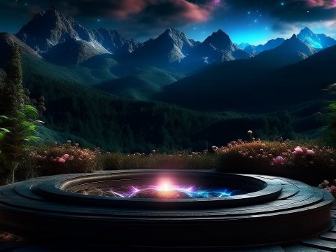 Mystical Meditation Podium in Enchanted Mountain Landscape
