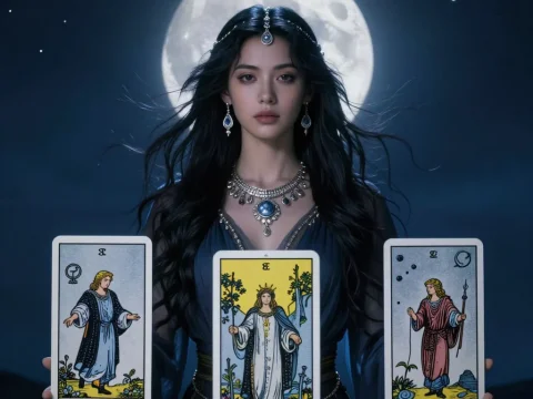 Mystical Moon Priestess Holding Tarot Cards Under Full Moon