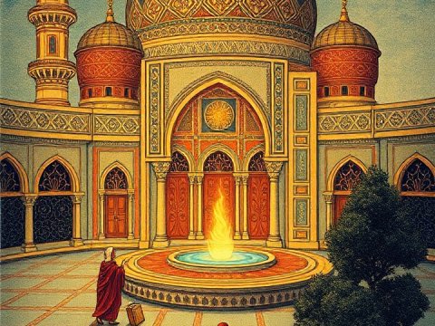 Mystical Mosque Courtyard Under Celestial Sky