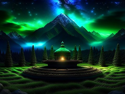 Mystical Mountain Shrine Under a Starry Sky