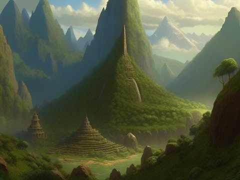 Mystical Mountain Valley with Ancient Pyramids
