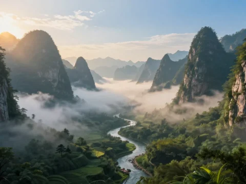 Mystical Mountain Valley with River and Morning Mist