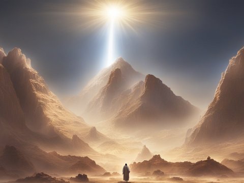 Mystical Mountain with Radiant Light Beam