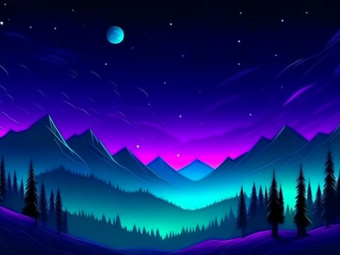 Mystical Night in a Neon Mountain Forest