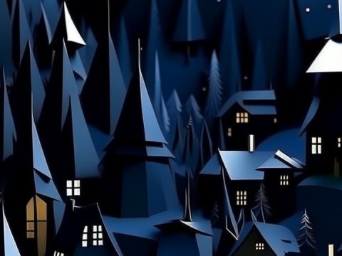 Mystical Night Village with Illuminated Houses