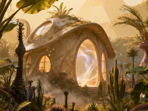 Mystical Organic Dwelling in Lush Garden with Glowing Portal