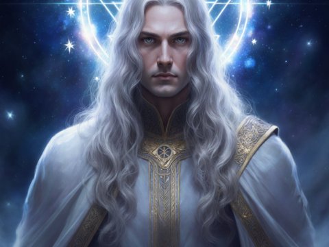 Mystical Portrait of a White-Haired Man with Celestial Halo