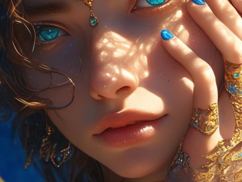 Mystical Portrait of a Woman with Blue Eyes and Golden Adornments