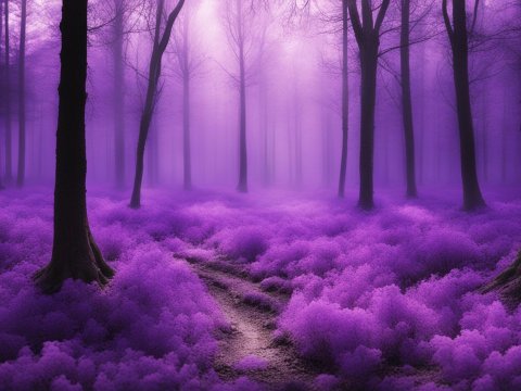 Mystical Purple Forest Path in Foggy Woods