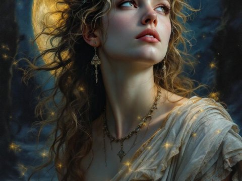 Mystical Realistic Portrait of Artemis with Golden Moon Halo