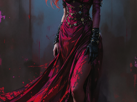 Mystical Red-Haired Woman with Full Moon Backdrop