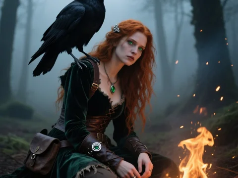 Mystical Red-Haired Woman with Raven in Enchanted Forest