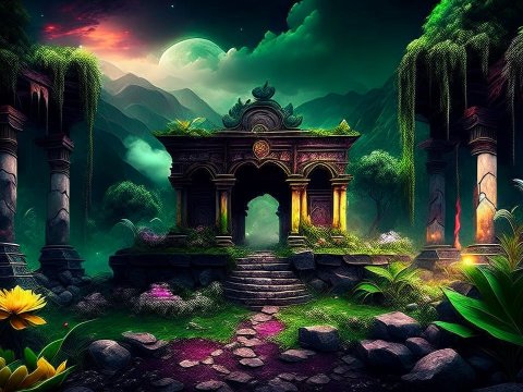 Mystical Ruins in a Lush Enchanted Forest