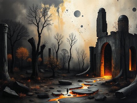 Mystical Ruins with Fiery Path in a Dark Forest