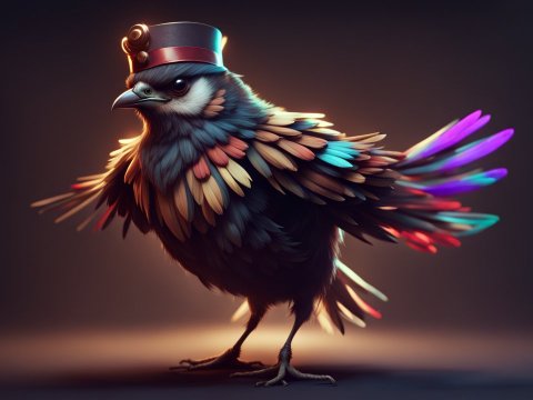 Mystical Sparrow with Colorful Feathers and Top Hat