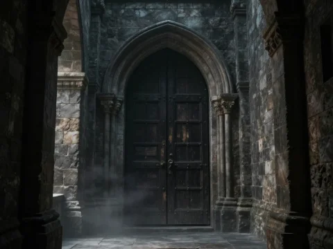Mystical Stone Corridor with Ancient Wooden Door