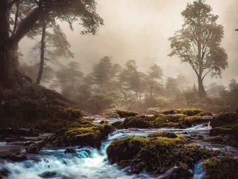 Mystical Stream Flowing Through a Foggy Forest