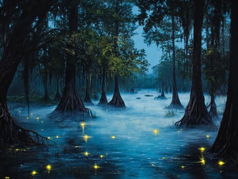 Mystical Swamp at Twilight with Glowing Fireflies