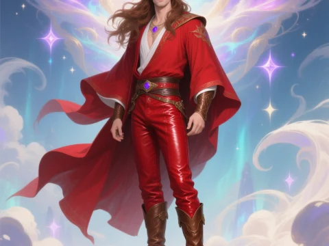 Mystical Tall Man in Red with Glowing Purple Eyes