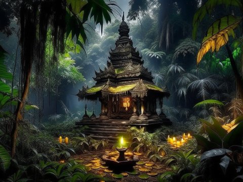 Mystical Temple Illuminated by Candlelight in Dense Jungle