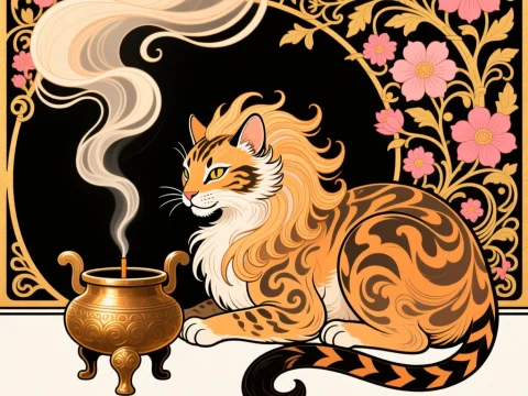 Mystical Tiger Cat with Incense and Floral Motifs
