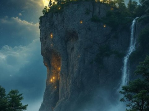 Mystical Tower on Cliff Under Full Moon