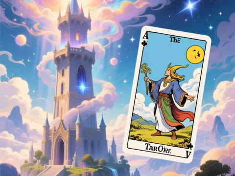 Mystical Tower with Tarot Card of The Fool