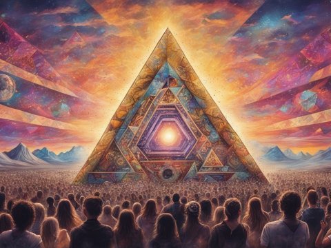 Mystical Triangular Portal Illuminates Gathering Crowd