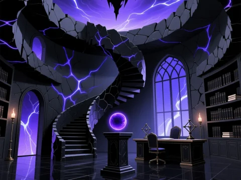 Mystical Void Tower Interior with Electric Purple Cracks