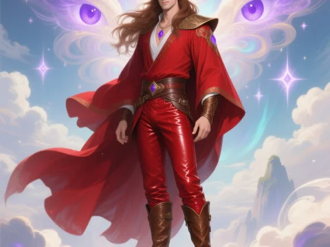 Mystical Warrior in Red Robe with Ethereal Wings