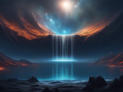 Mystical Waterfall in a Cosmic Mountain Valley