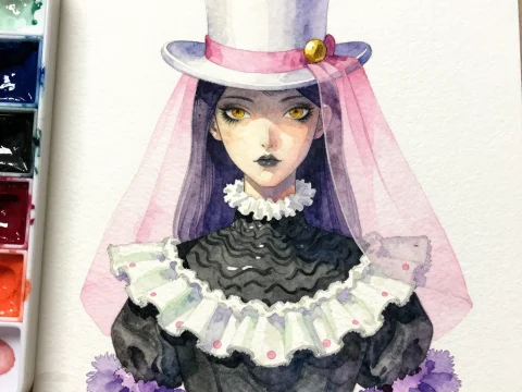Mystical Woman in Victorian Attire with Pink Veil