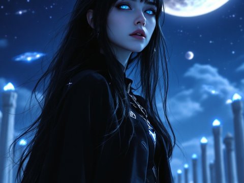 Mystical Woman Under Cosmic Night Sky