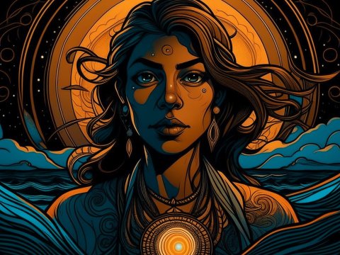 Mystical Woman with Celestial Halo and Ocean Waves