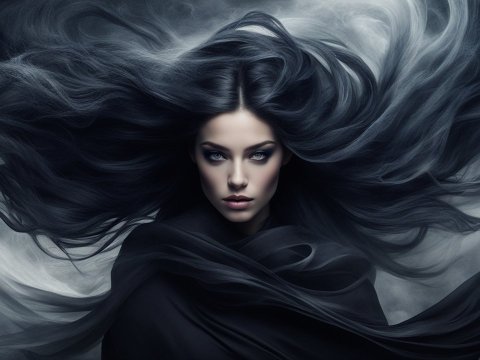 Mystical Woman with Flowing Dark Hair in Moody Atmosphere