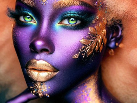 Mystical Woman with Purple and Gold Fantasy Makeup