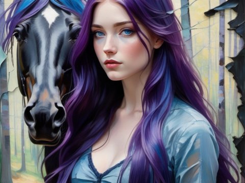 Mystical Woman with Purple Hair and Horse in Enchanted Forest