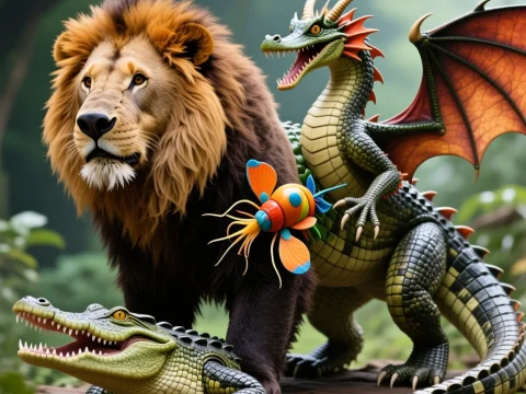 Mythical Animal Mashup Featuring Lion, Dragon, Crocodile, and Colorful Insect