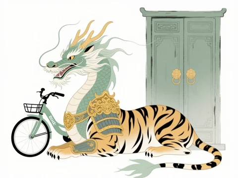 Mythical Dragon-Tiger Hybrid with Bicycle and Ancient Door