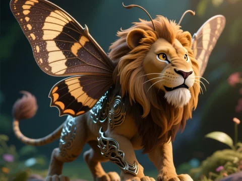 Mythical Lion with Butterfly Wings in Enchanted Forest