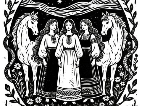 Mythical Trio with Horses in Linocut Style
