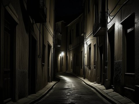 Narrow Cobblestone Street Illuminated by Streetlights at Night