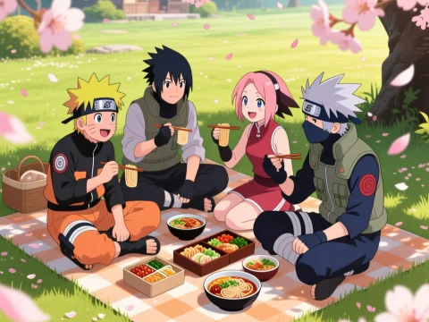 Naruto and Friends Enjoying a Picnic Under Cherry Blossoms