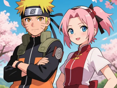 Naruto and Sakura in Cherry Blossom Setting