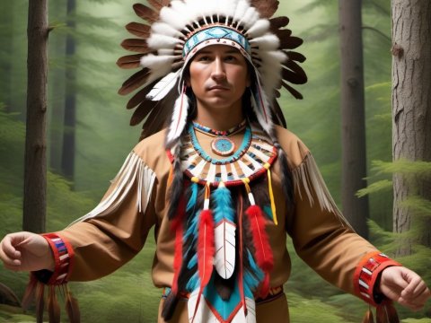Native American Chief in Traditional Feathered Headdress