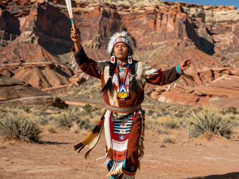 Native American Shaman Dancing in Desert Landscape