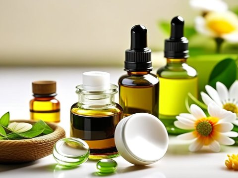 Natural Essential Oils and Herbal Skincare Products with Flowers