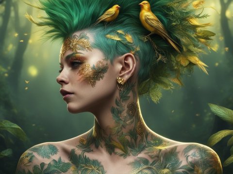 Nature-Inspired Woman with Green Hair and Bird Adornments